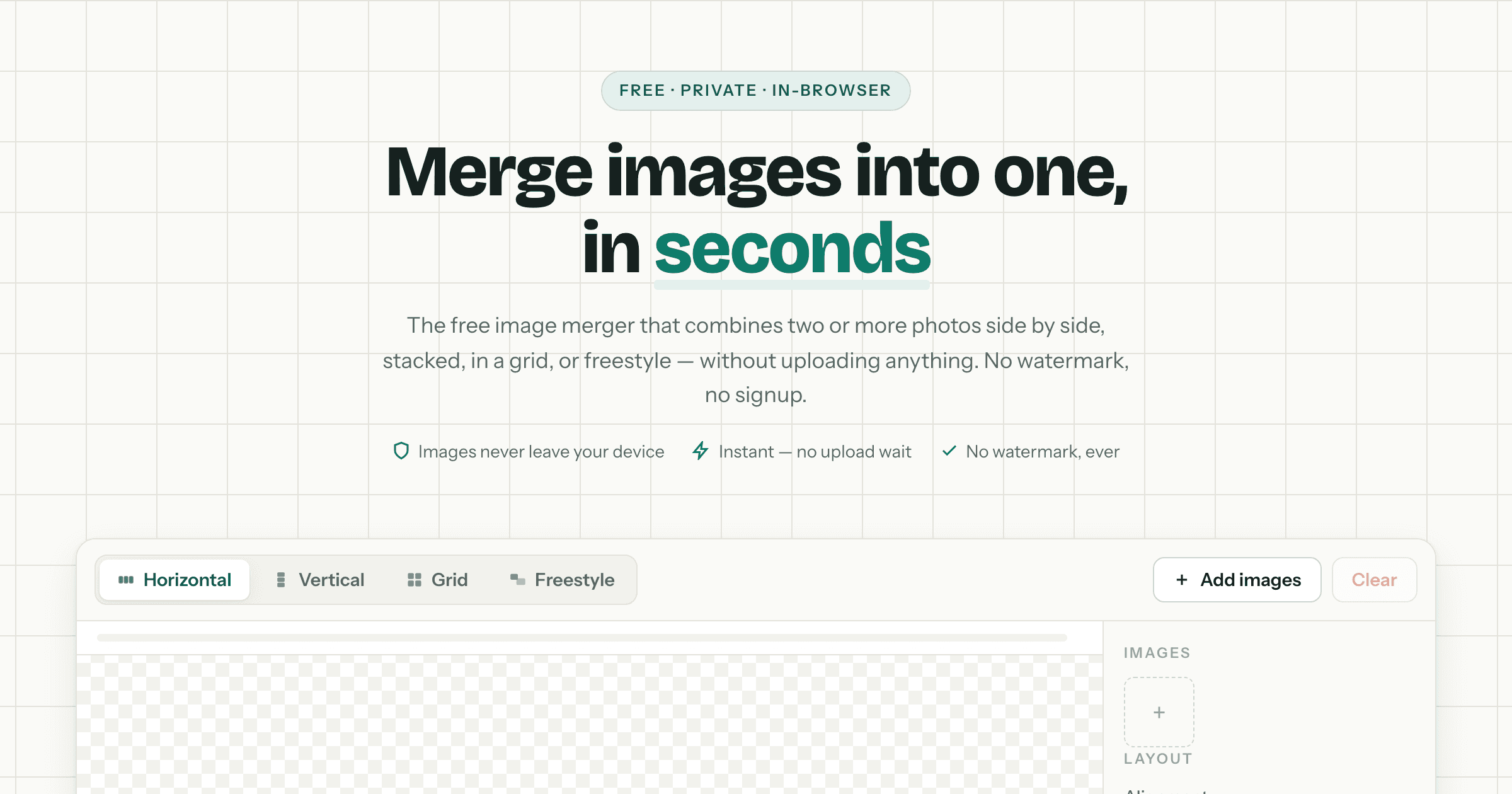 Show HN: Free Image Merger – combine photos in-browser, nothing uploaded